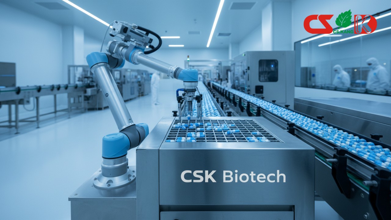 A futuristic supplement manufacturing line with a robotic arm and the CSK Biotech brand name engraved on the industrial equipment.