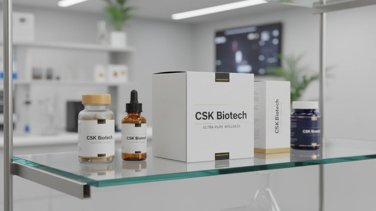 A high-end retail display of supplement products featuring the brand name CSK Biotech on the packaging.