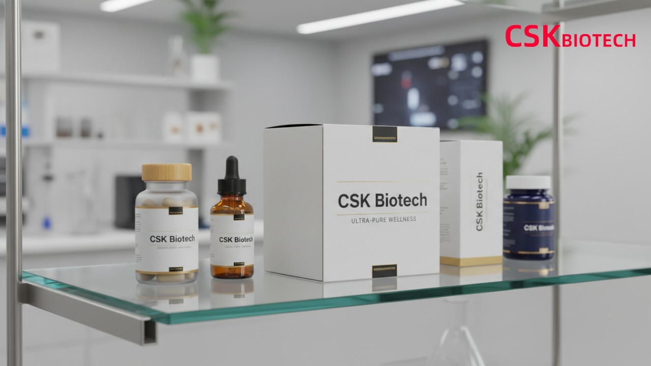 A high-end retail display of supplement products featuring the brand name CSK Biotech on the packaging.