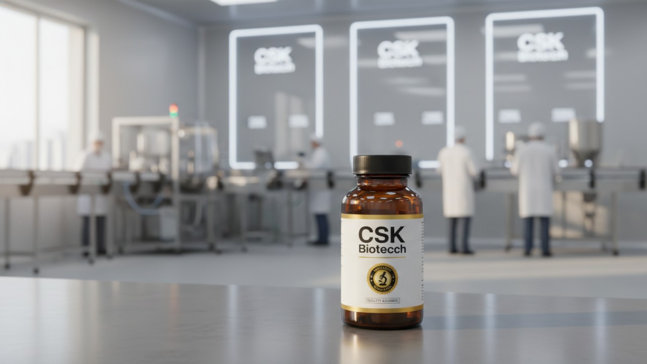 A high quality supplement bottle with the CSK Biotech label sitting on a clean workbench representing successful quality control.
