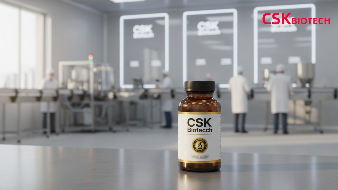 A high quality supplement bottle with the CSK Biotech label sitting on a clean workbench representing successful quality control.