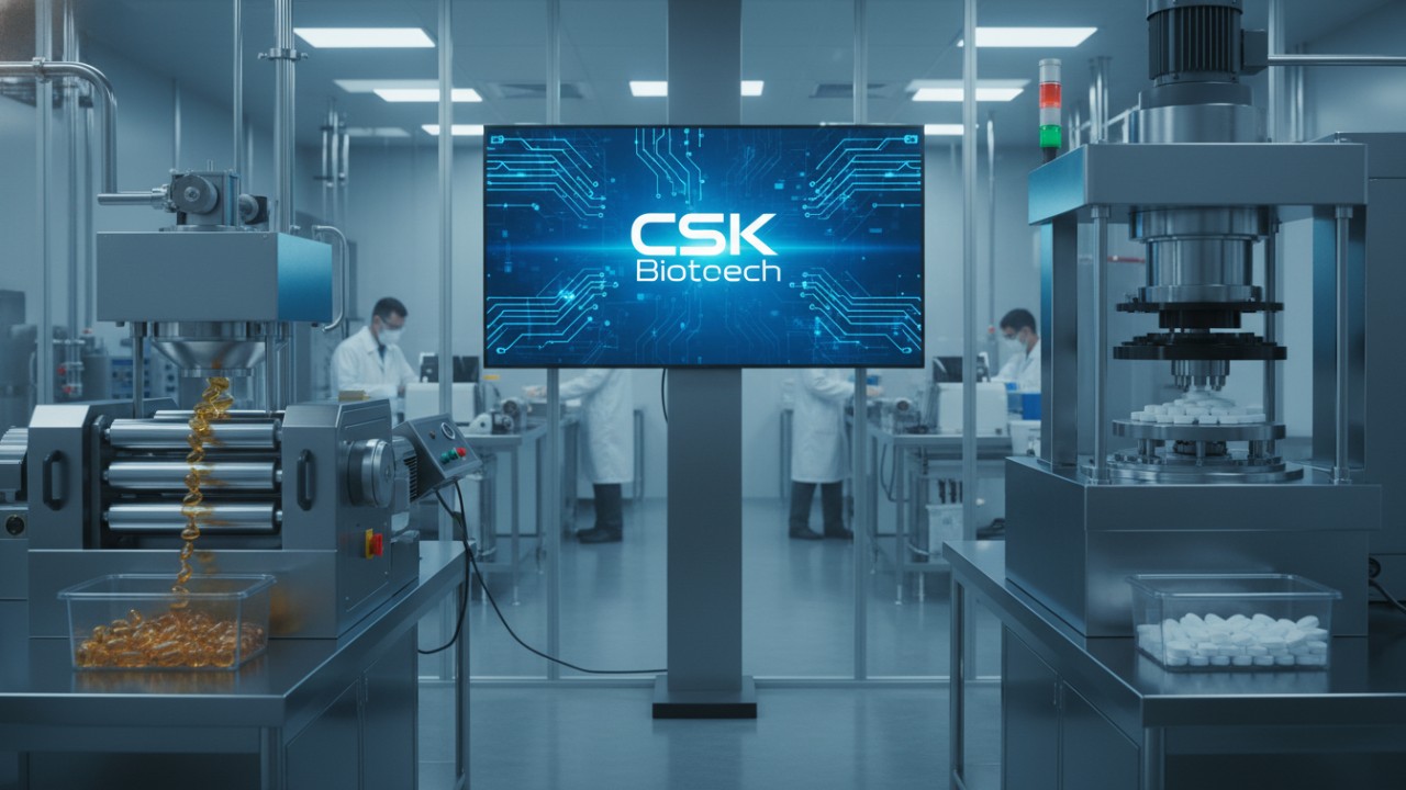 A high-tech laboratory setting comparing softgel and tablet manufacturing equipment with the CSK Biotech brand name on a monitor.