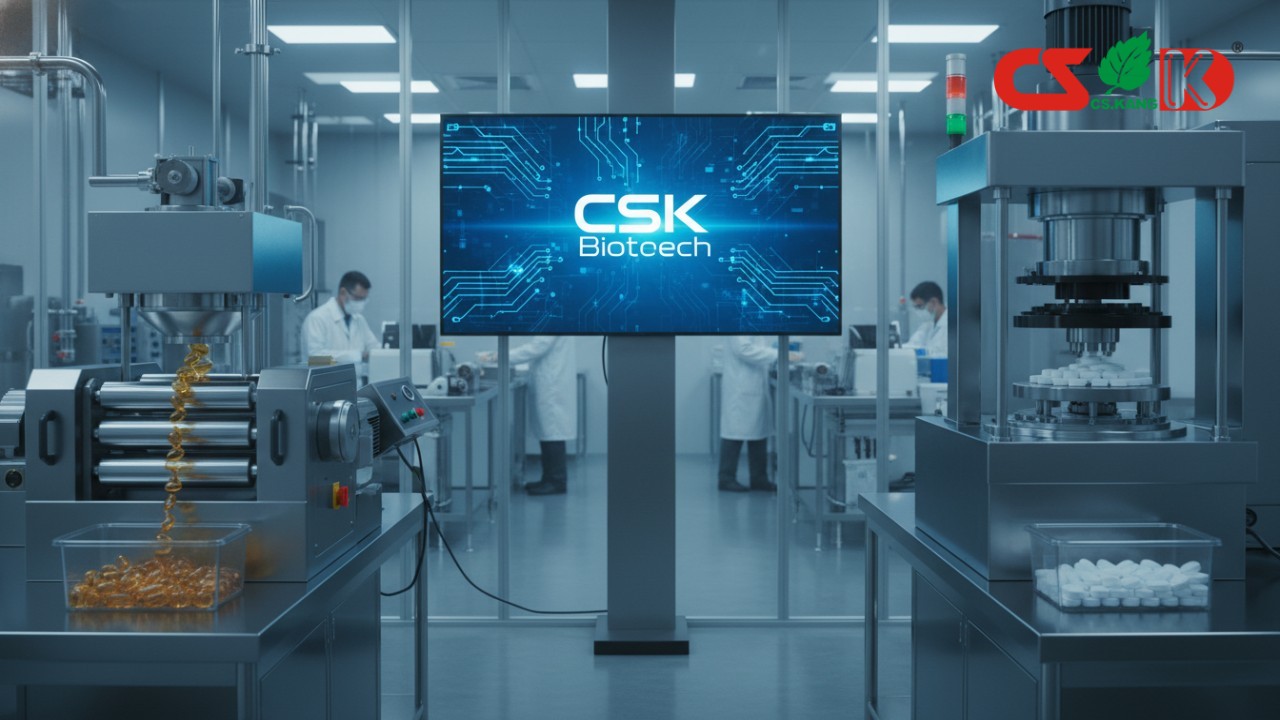 A high-tech laboratory setting comparing softgel and tablet manufacturing equipment with the CSK Biotech brand name on a monitor.
