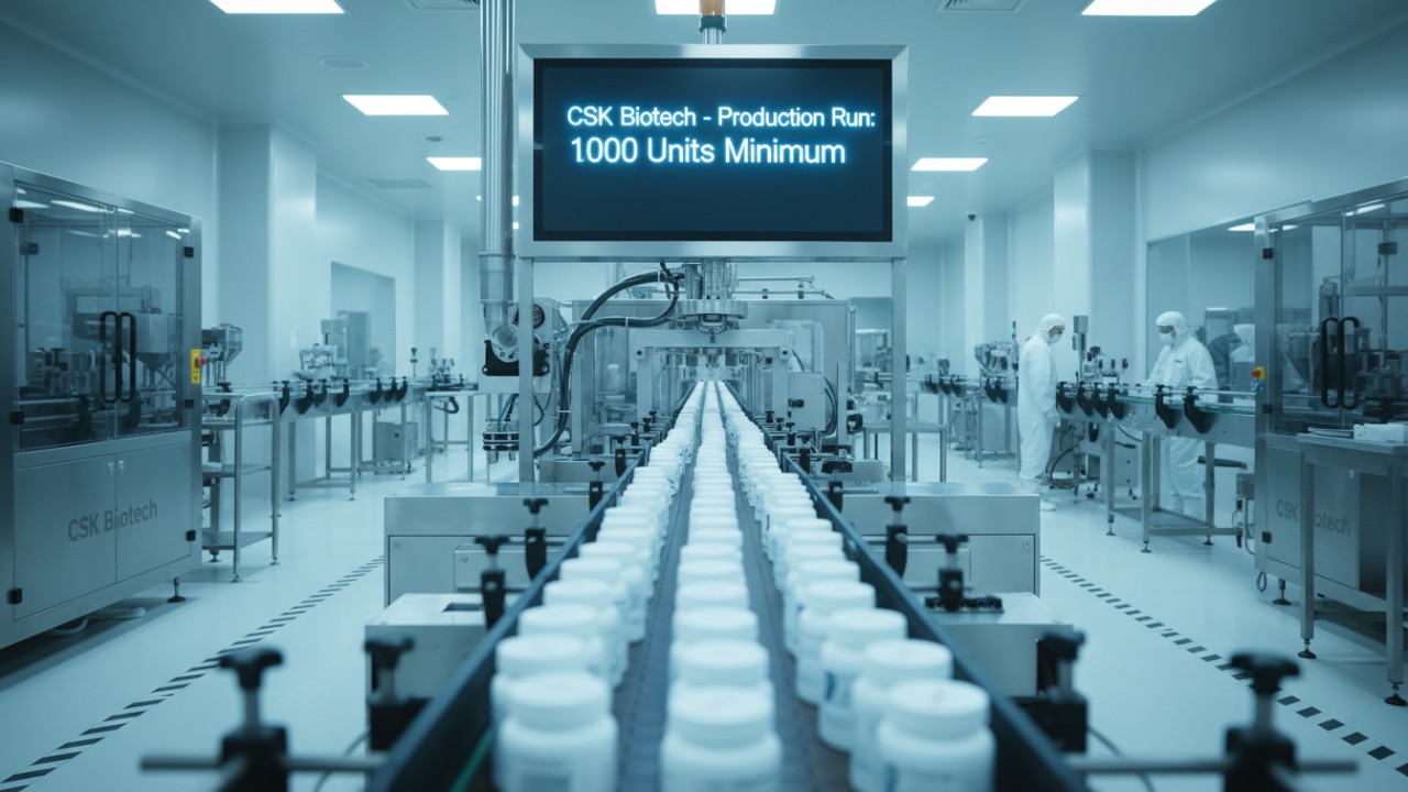 A large-scale supplement manufacturing line featuring a digital display with the CSK Biotech brand name and minimum order quantity information.