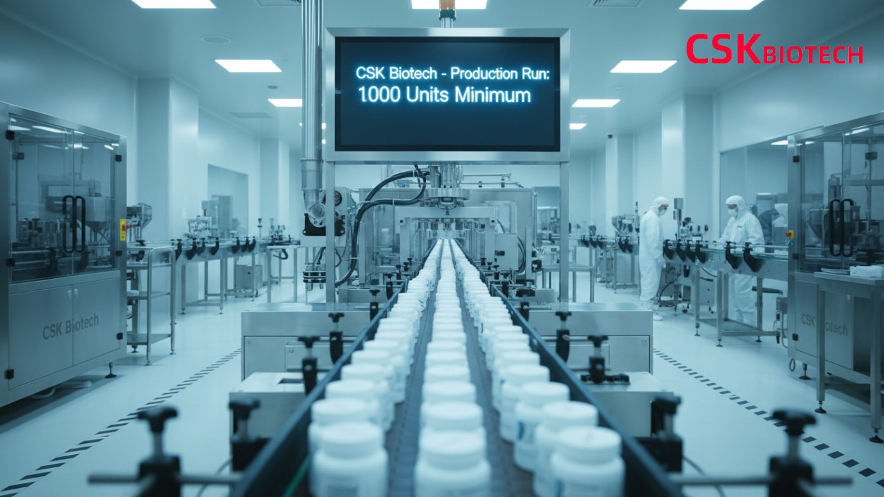 A large-scale supplement manufacturing line featuring a digital display with the CSK Biotech brand name and minimum order quantity information.