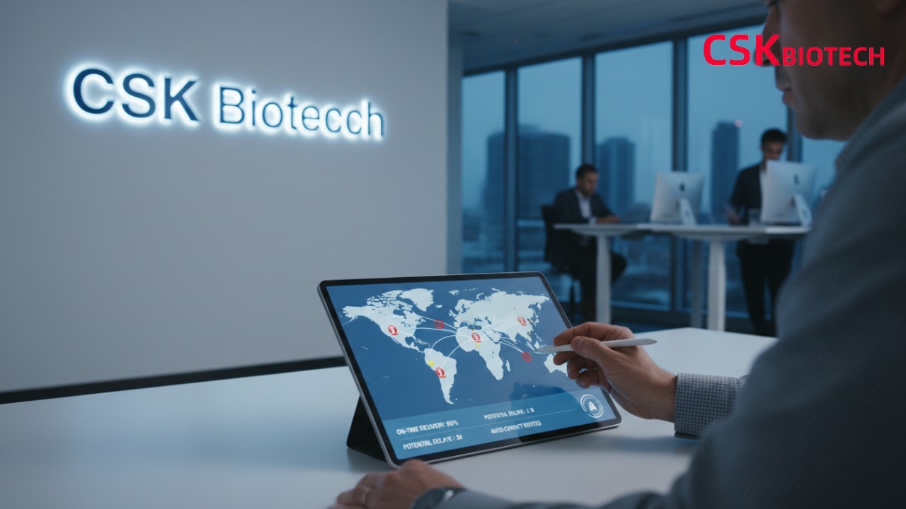 A logistics expert reviewing shipping data on a tablet in an office with a CSK Biotech sign on the wall.