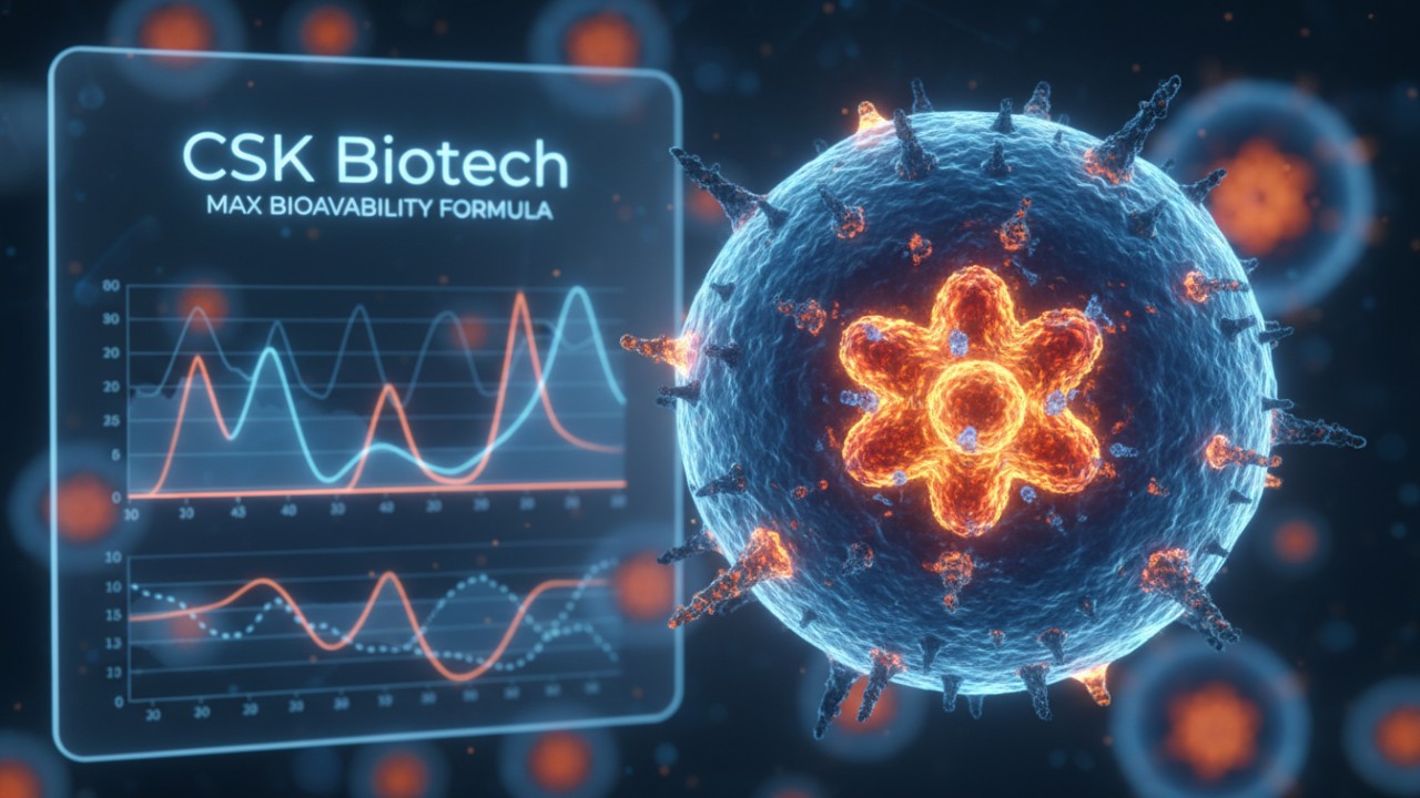A microscopic view of encapsulated nutrients with a CSK Biotech branded scientific display in the background