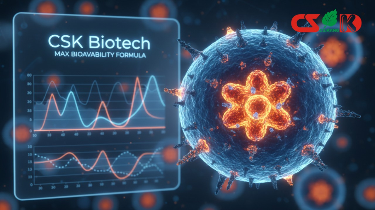 A microscopic view of encapsulated nutrients with a CSK Biotech branded scientific display in the background