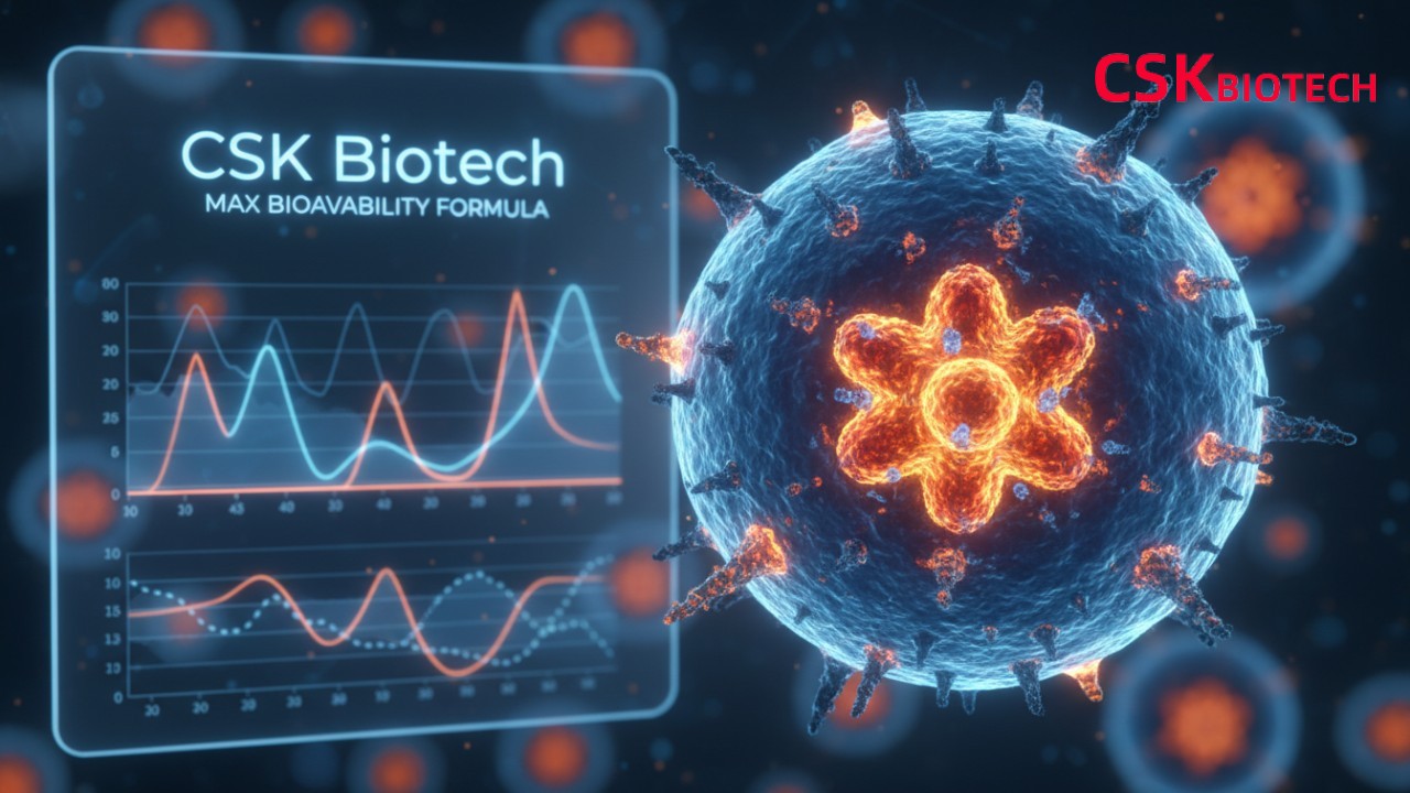 A microscopic view of encapsulated nutrients with a CSK Biotech branded scientific display in the background