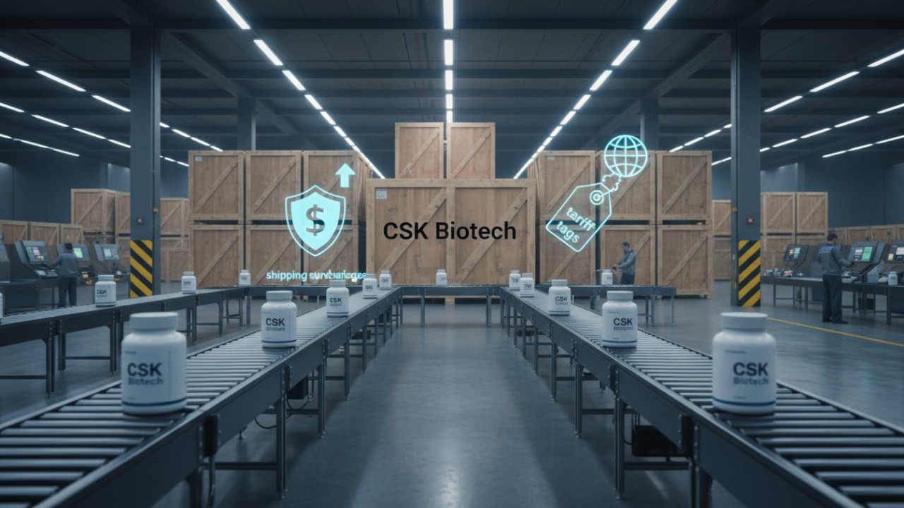 A modern fulfillment center with supplement bottles on a conveyor belt and a CSK Biotech shipping crate in the background.