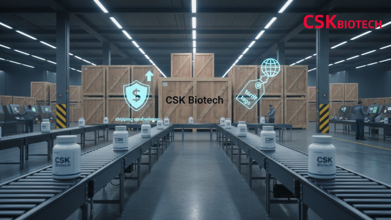 A modern fulfillment center with supplement bottles on a conveyor belt and a CSK Biotech shipping crate in the background.