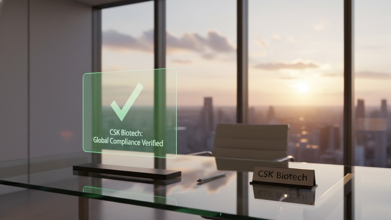 A modern office setting featuring a holographic display of CSK Biotech compliance success against a rising sun