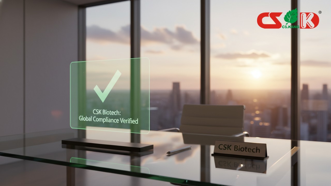 A modern office setting featuring a holographic display of CSK Biotech compliance success against a rising sun