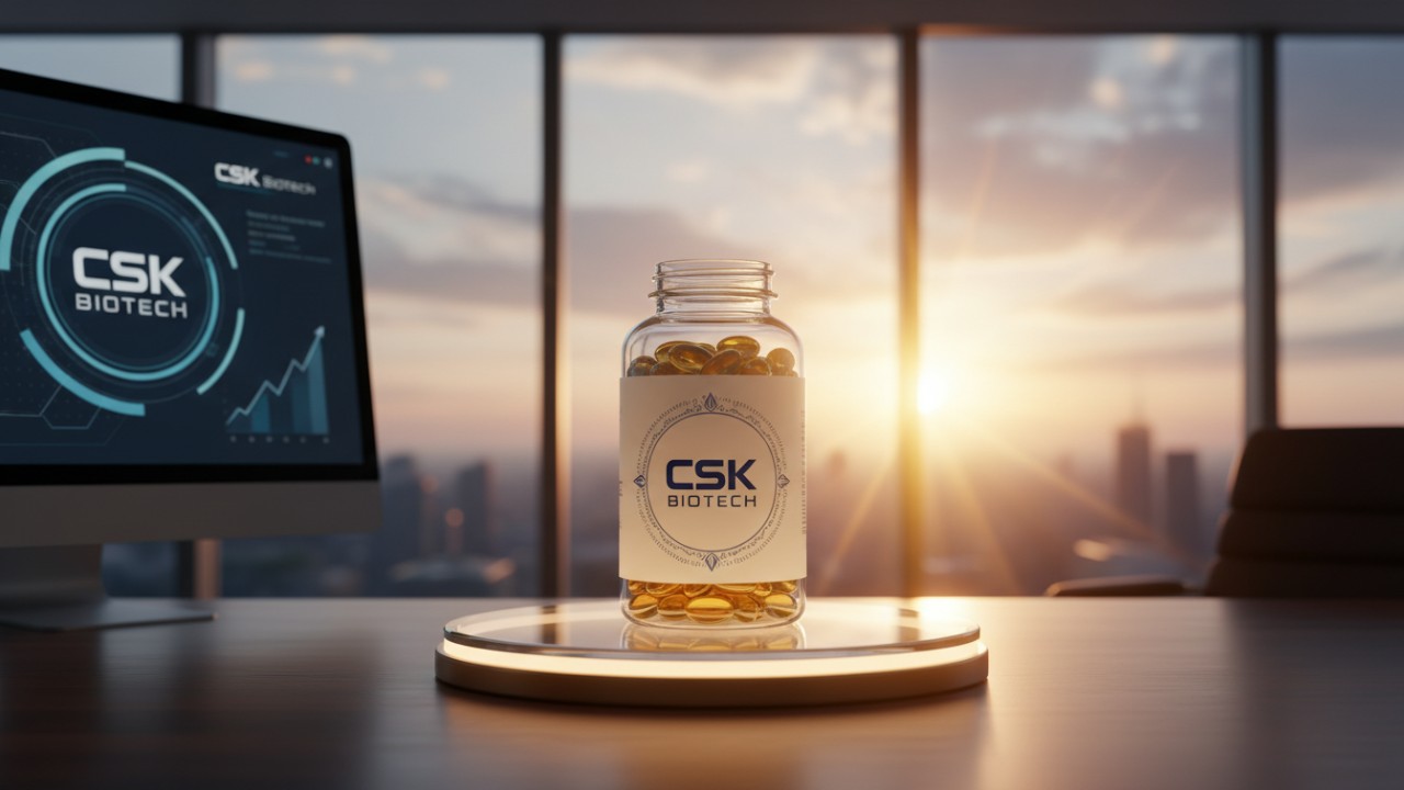 A premium CSK Biotech supplement bottle displayed on a pedestal during sunrise symbolizing success.