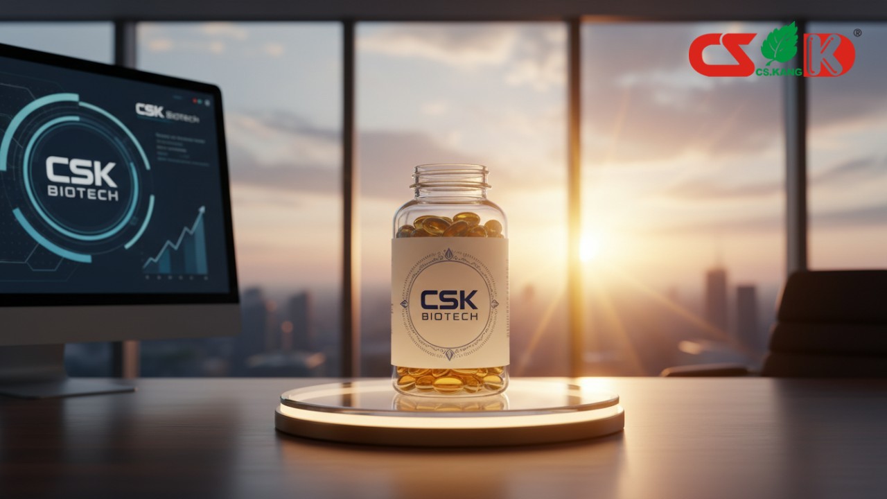 A premium CSK Biotech supplement bottle displayed on a pedestal during sunrise symbolizing success.