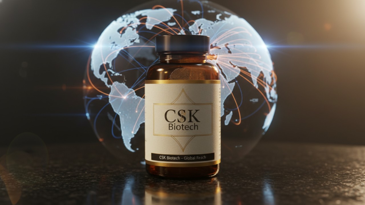 A premium CSK Biotech supplement bottle in front of a glowing global logistics network map.