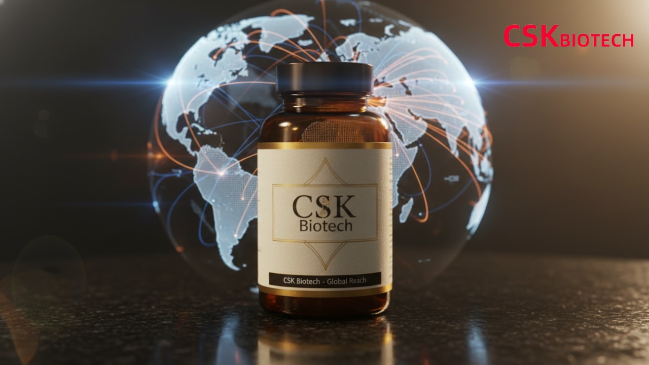 A premium CSK Biotech supplement bottle in front of a glowing global logistics network map.