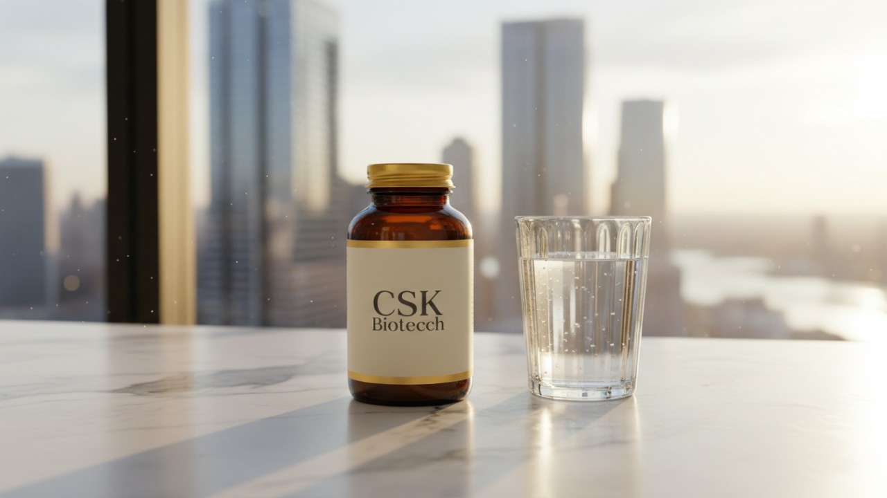 A premium CSK Biotech supplement bottle on a marble counter in a sunlit room, symbolizing the future of wellness.