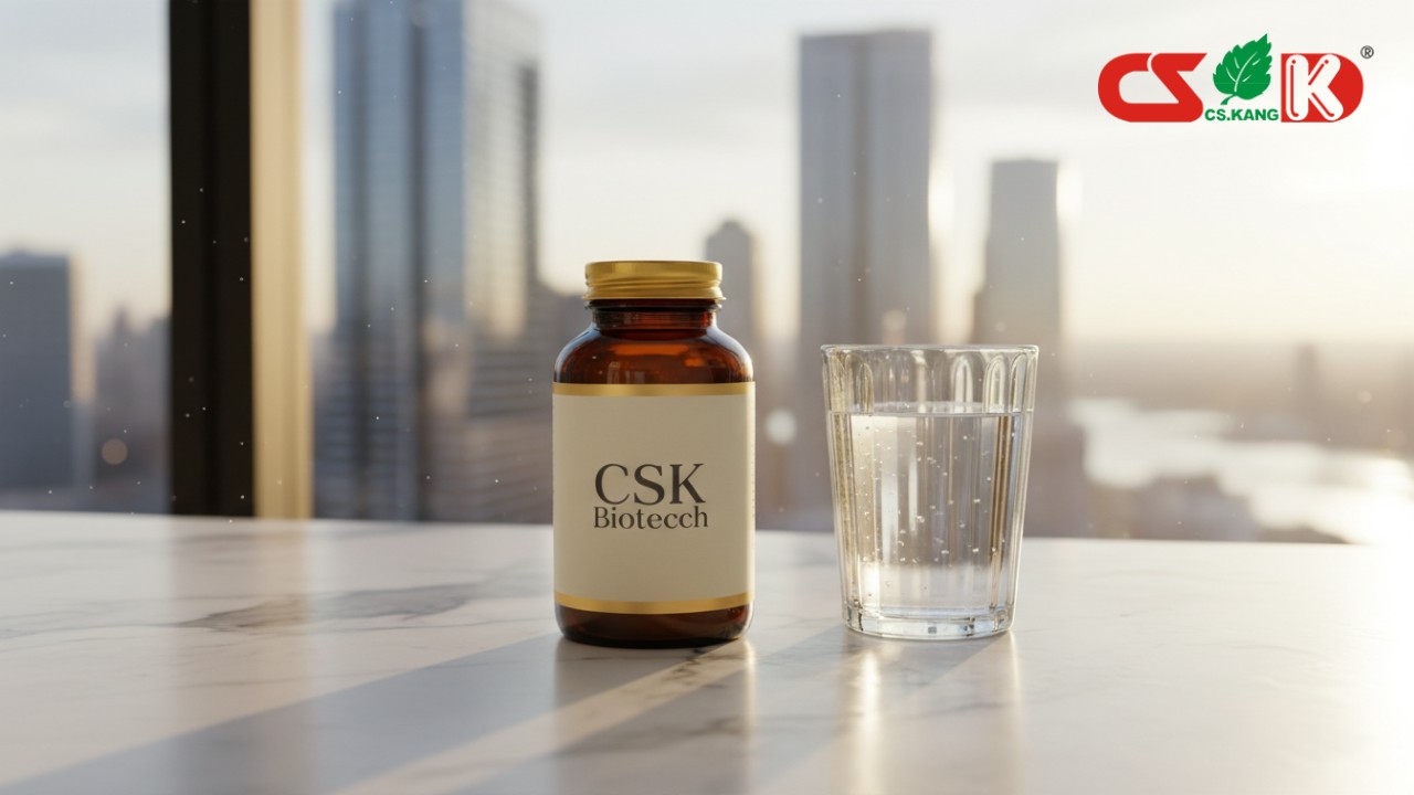 A premium CSK Biotech supplement bottle on a marble counter in a sunlit room, symbolizing the future of wellness.