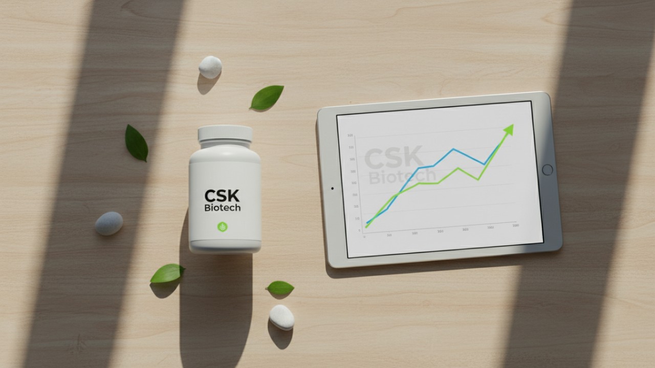A premium supplement bottle branded with CSK Biotech next to a tablet showing a successful profit chart.