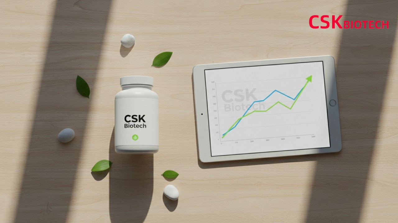 A premium supplement bottle branded with CSK Biotech next to a tablet showing a successful profit chart.