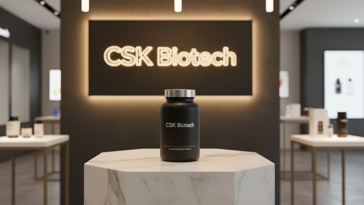 A premium supplement bottle on a marble pedestal with a glowing CSK Biotech sign in the background
