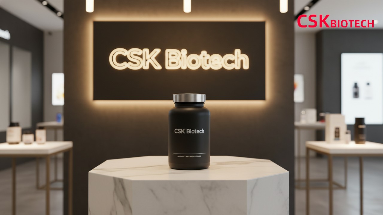 A premium supplement bottle on a marble pedestal with a glowing CSK Biotech sign in the background