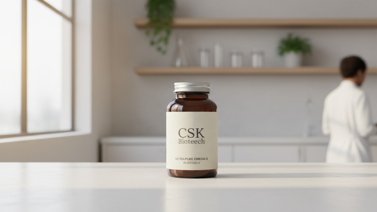A premium supplement bottle with CSK Biotech branding on the label in a modern wellness facility