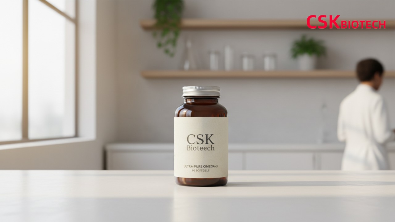 A premium supplement bottle with CSK Biotech branding on the label in a modern wellness facility
