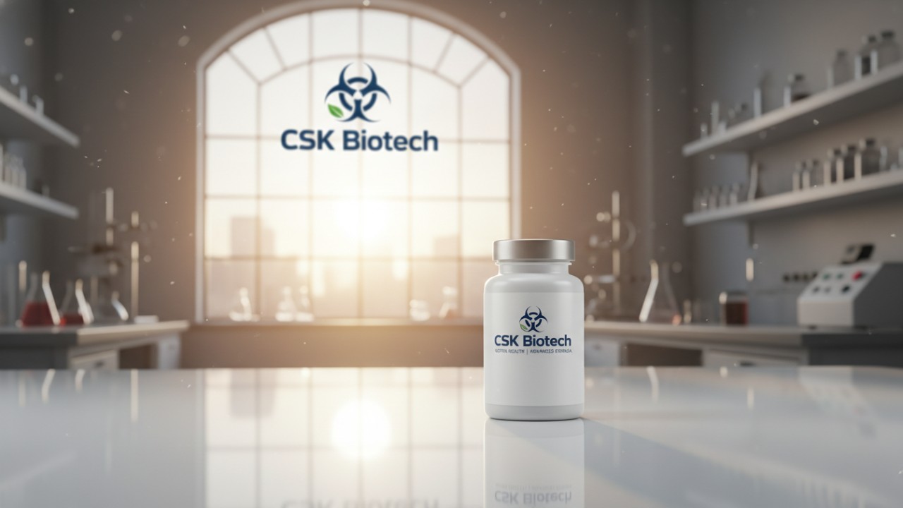 A premium supplement bottle with the CSK Biotech label standing on a clean white surface in a modern facility.