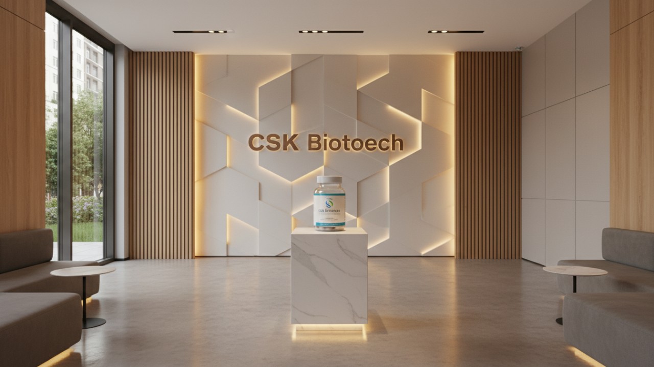 A premium supplement product displayed in a modern corporate lobby with the CSK Biotech brand name illuminated on the wall.