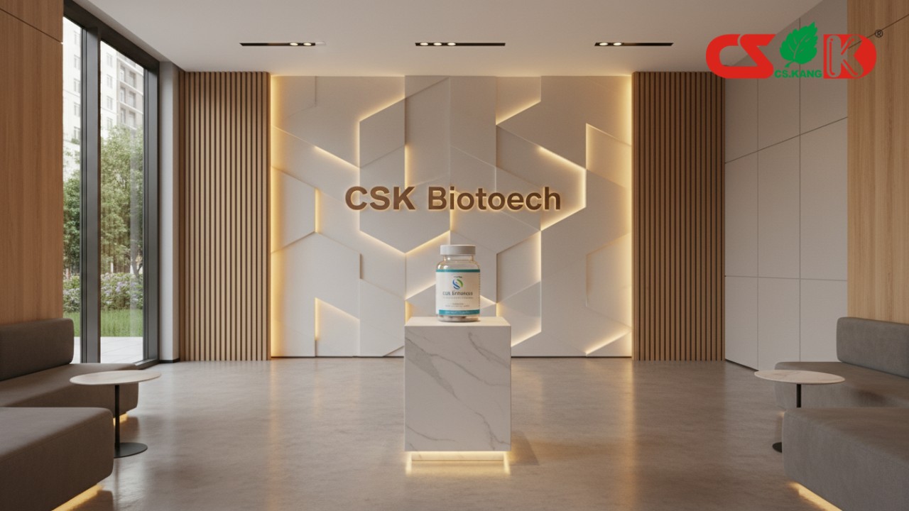 A premium supplement product displayed in a modern corporate lobby with the CSK Biotech brand name illuminated on the wall.