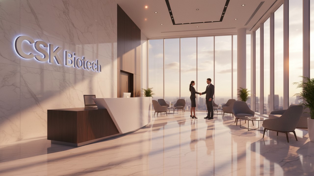 A prestigious corporate lobby featuring the CSK Biotech brand logo on a marble wall during a business handshake.