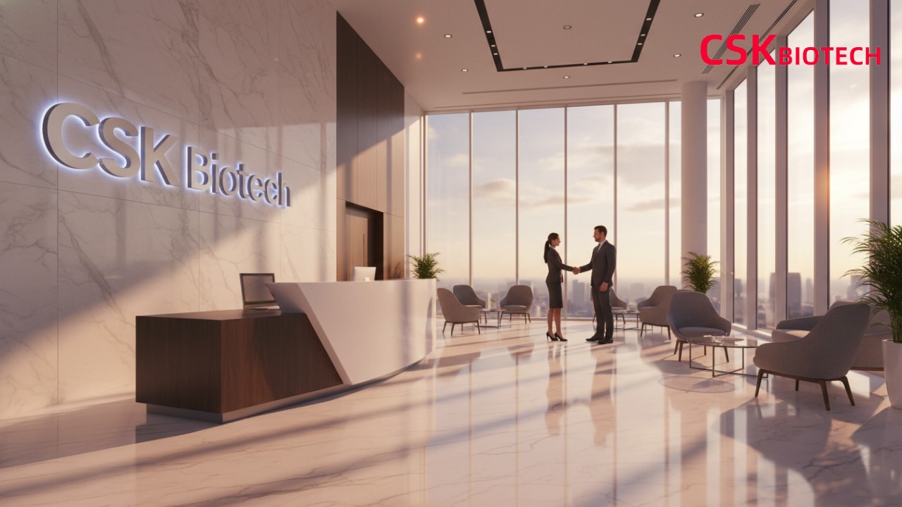A prestigious corporate lobby featuring the CSK Biotech brand logo on a marble wall during a business handshake.