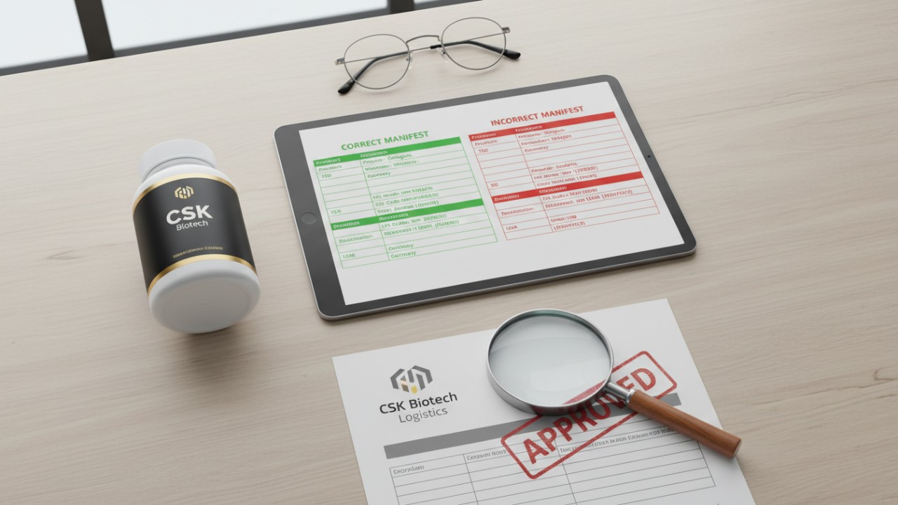 A professional desk setup featuring a CSK Biotech product bottle alongside a digital compliance checklist for international shipping.