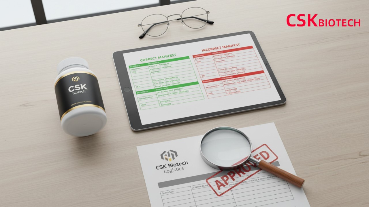 A professional desk setup featuring a CSK Biotech product bottle alongside a digital compliance checklist for international shipping.