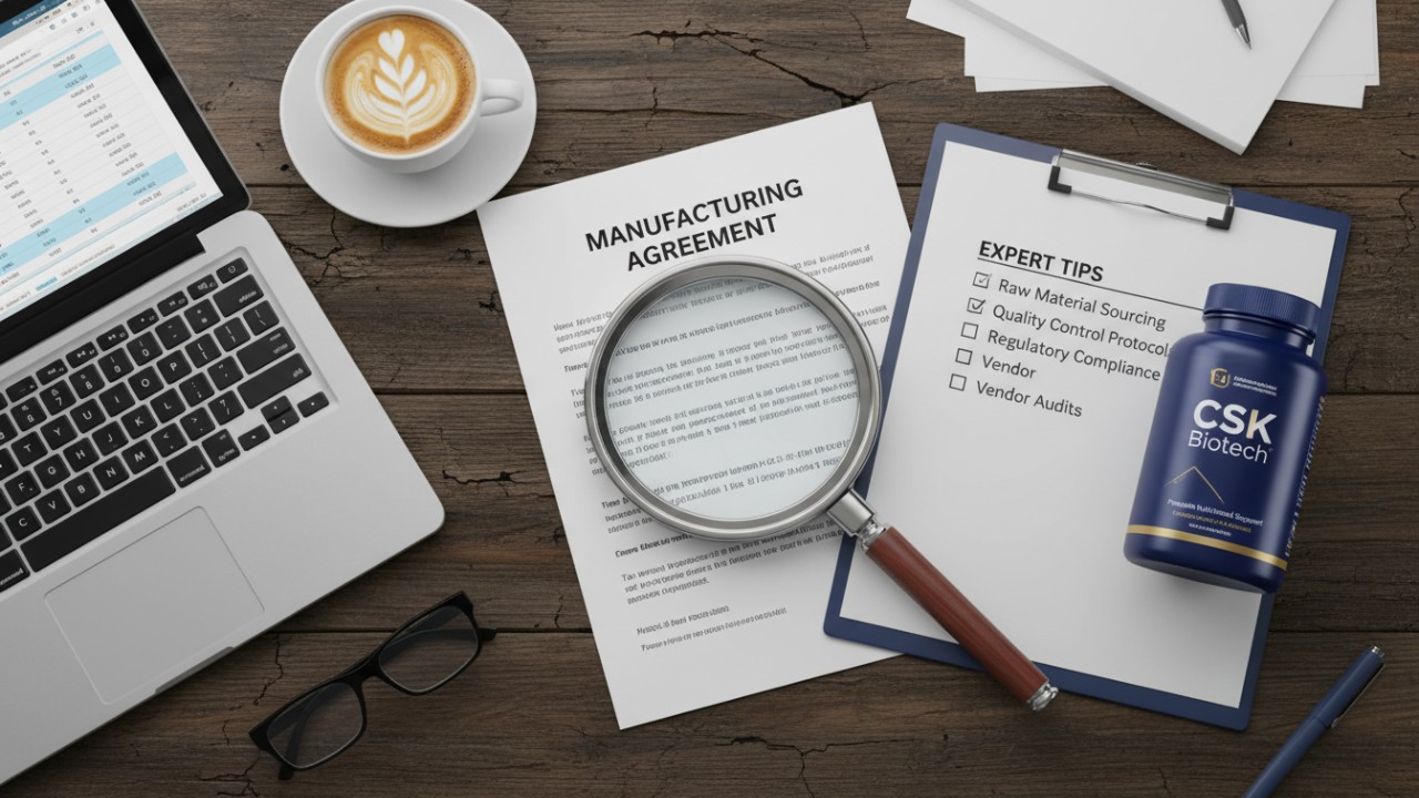 A professional desk setup with a manufacturing contract, a magnifying glass, and a CSK Biotech supplement bottle.