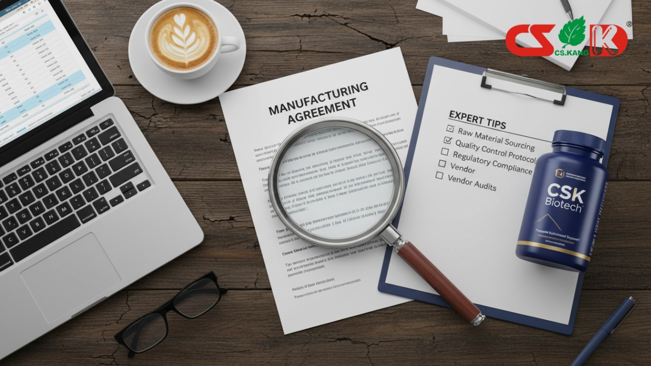 A professional desk setup with a manufacturing contract, a magnifying glass, and a CSK Biotech supplement bottle.