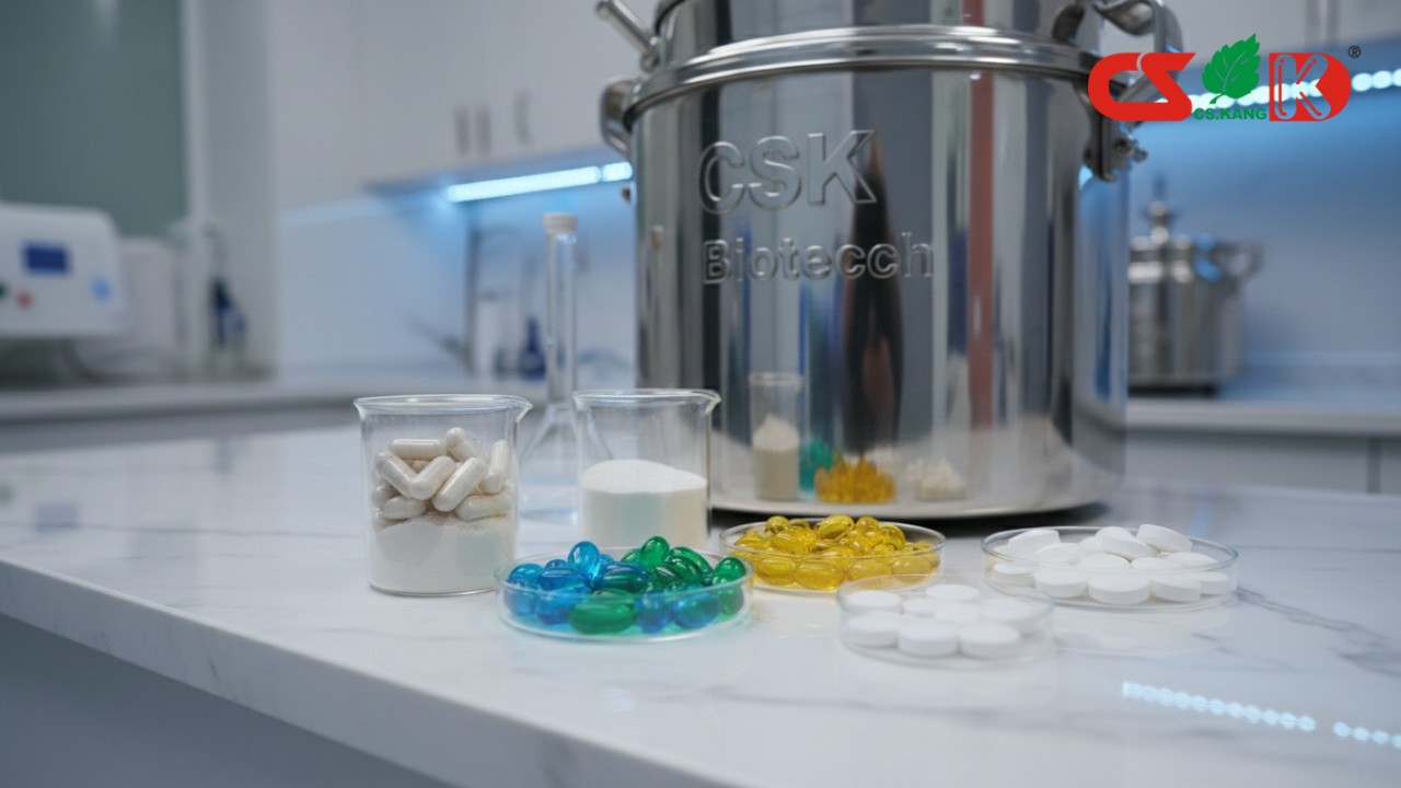 A professional display of various supplement forms like capsules and tablets in a lab with the CSK Biotech name on manufacturing equipment.