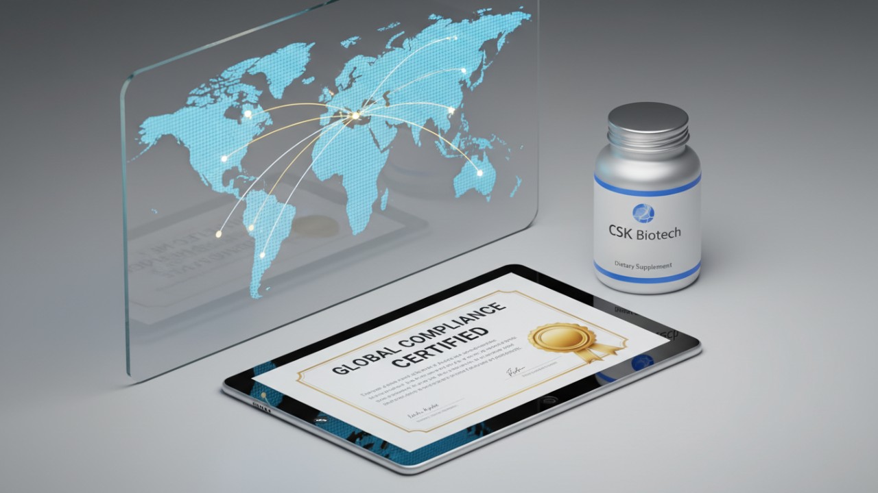 A professional isometric illustration of a digital certification on a tablet next to a CSK Biotech supplement bottle