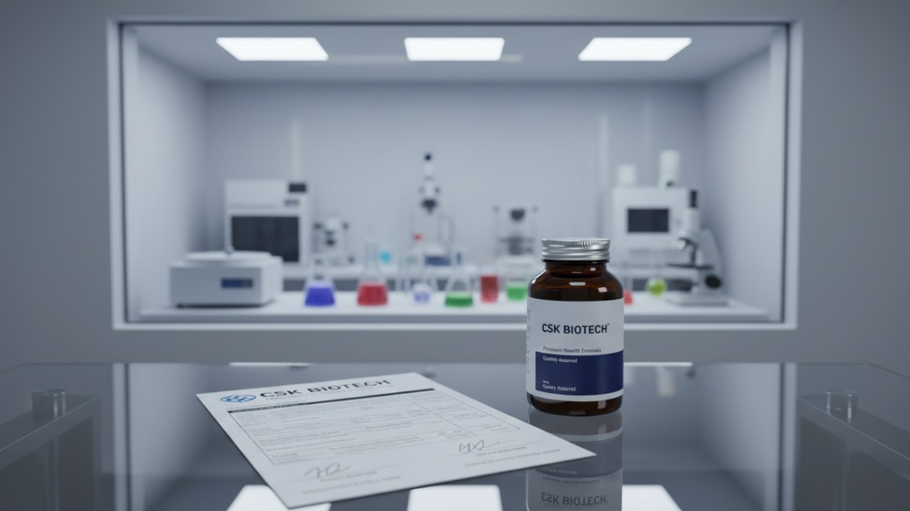 A professional laboratory setting showing a Supplement Certificate of Analysis document next to a CSK Biotech branded supplement bottle.