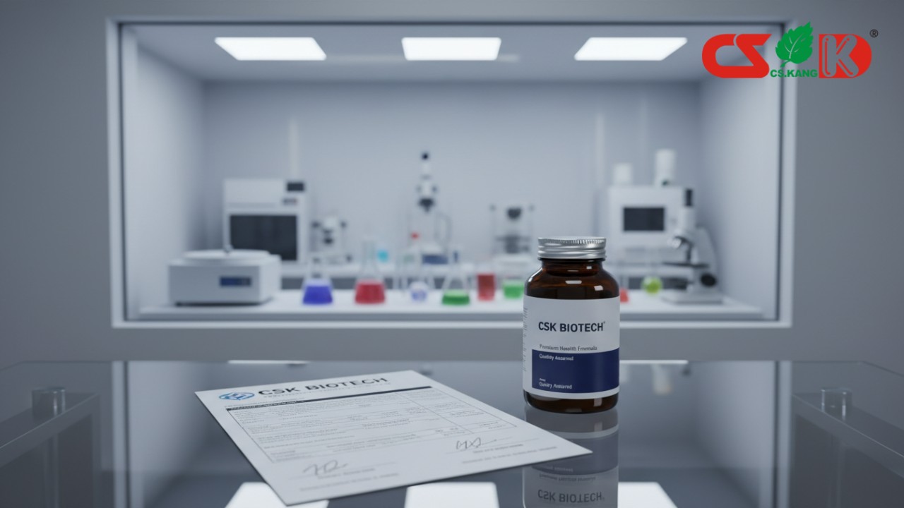 A professional laboratory setting showing a Supplement Certificate of Analysis document next to a CSK Biotech branded supplement bottle.