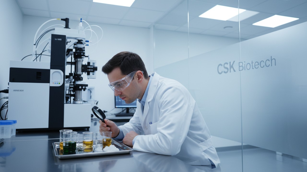 A professional laboratory technician inspecting raw materials for supplement quality control with the CSK Biotech brand name visible on a glass partition.
