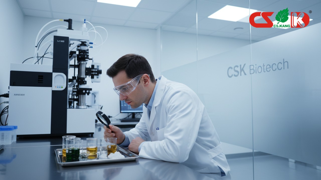 A professional laboratory technician inspecting raw materials for supplement quality control with the CSK Biotech brand name visible on a glass partition.