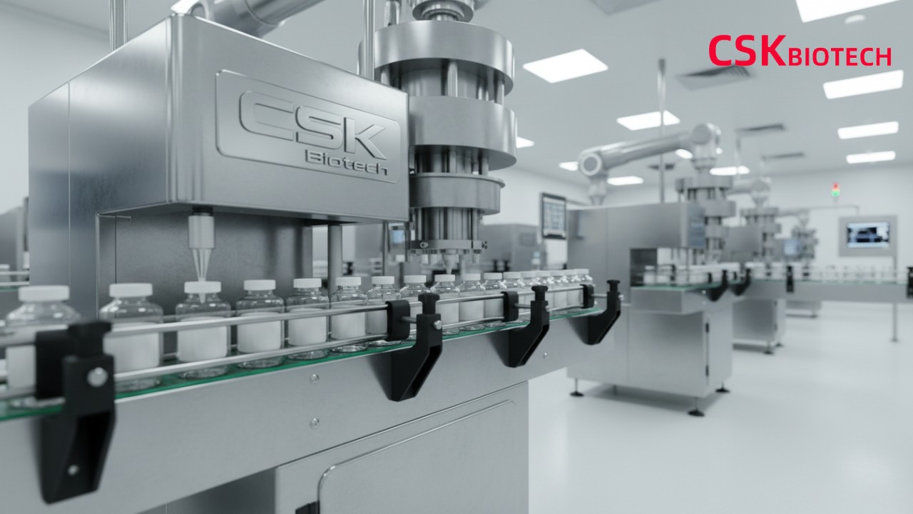 A professional manufacturing facility with high tech machinery and the brand name CSK Biotech visible on the industrial equipment.