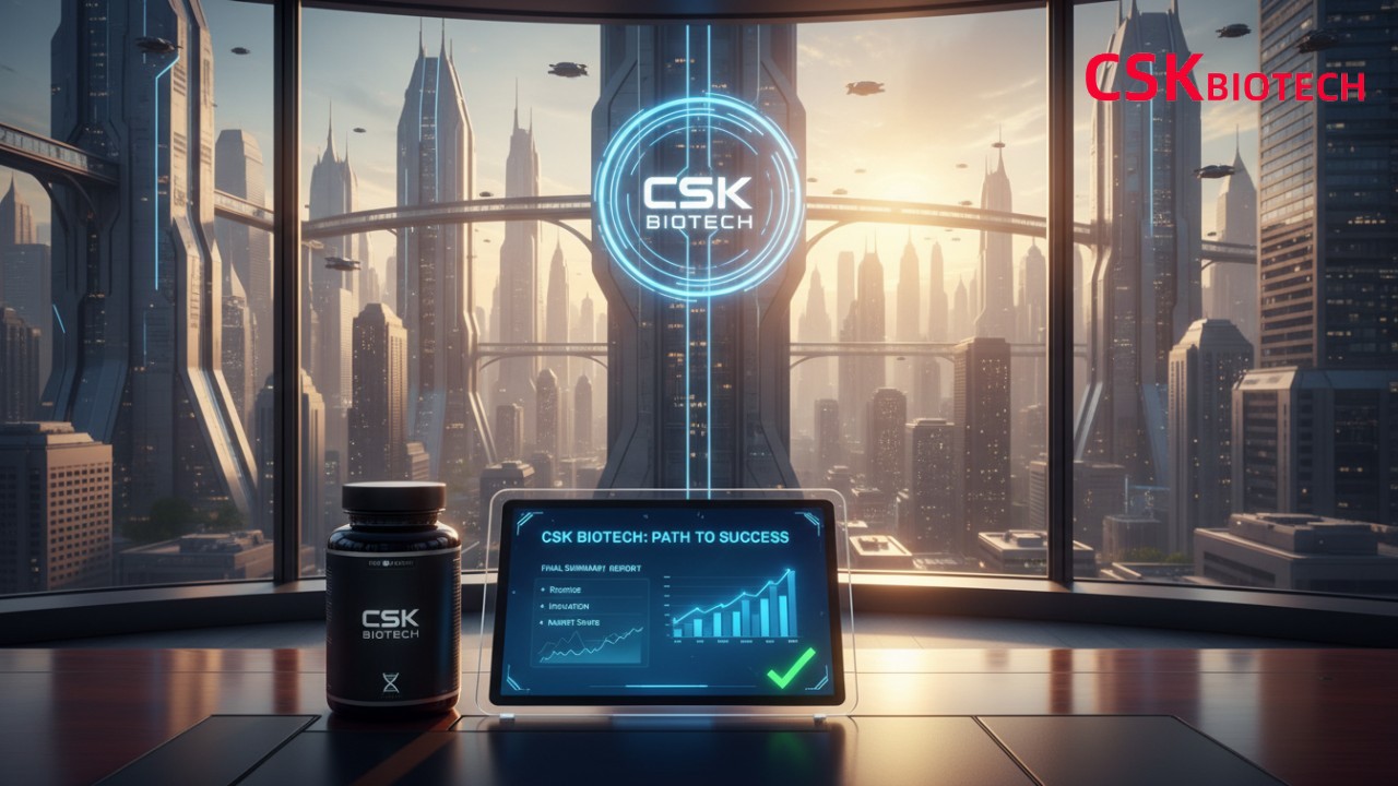A professional office desk with a supplement bottle and a tablet showing a CSK Biotech success report against a city skyline.