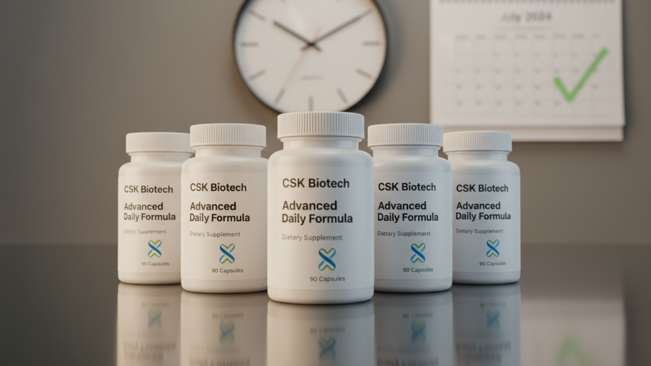 A professional product photograph of finished CSK Biotech supplements representing a successful and timely manufacturing process.