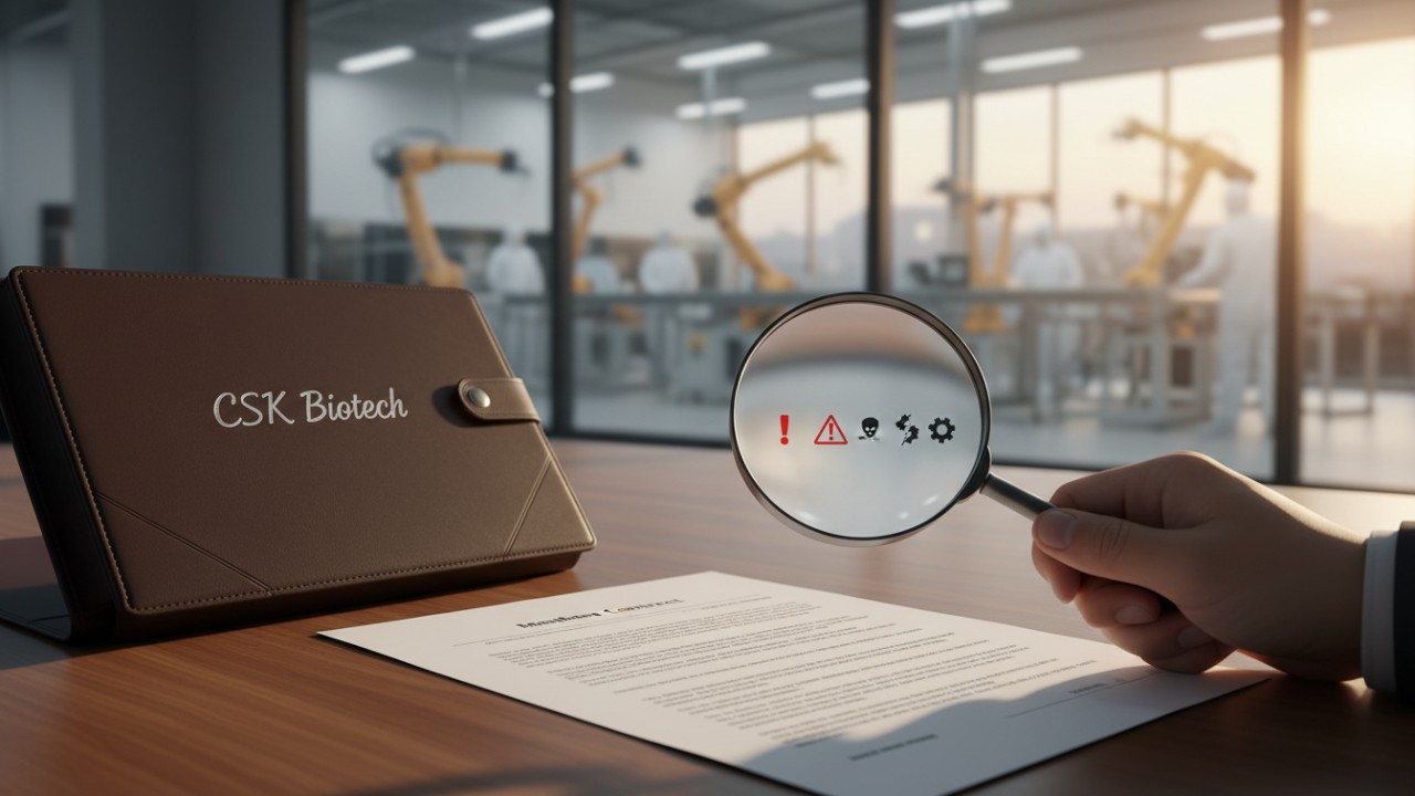 A professional reviewing a contract for manufacturing mistakes with a CSK Biotech folder on the desk