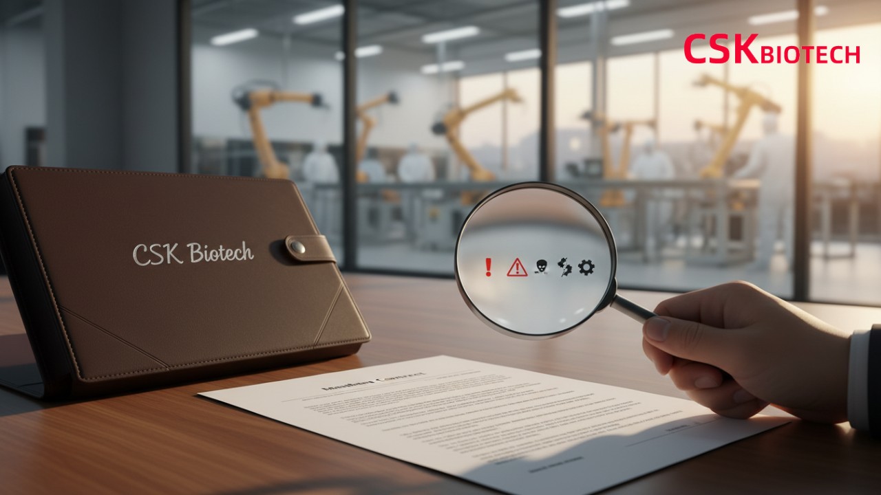 A professional reviewing a contract for manufacturing mistakes with a CSK Biotech folder on the desk