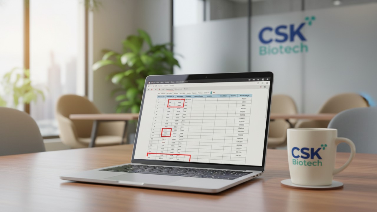 A professional workspace with a CSK Biotech branded mug and a laptop showing financial analysis of supplement manufacturing costs.